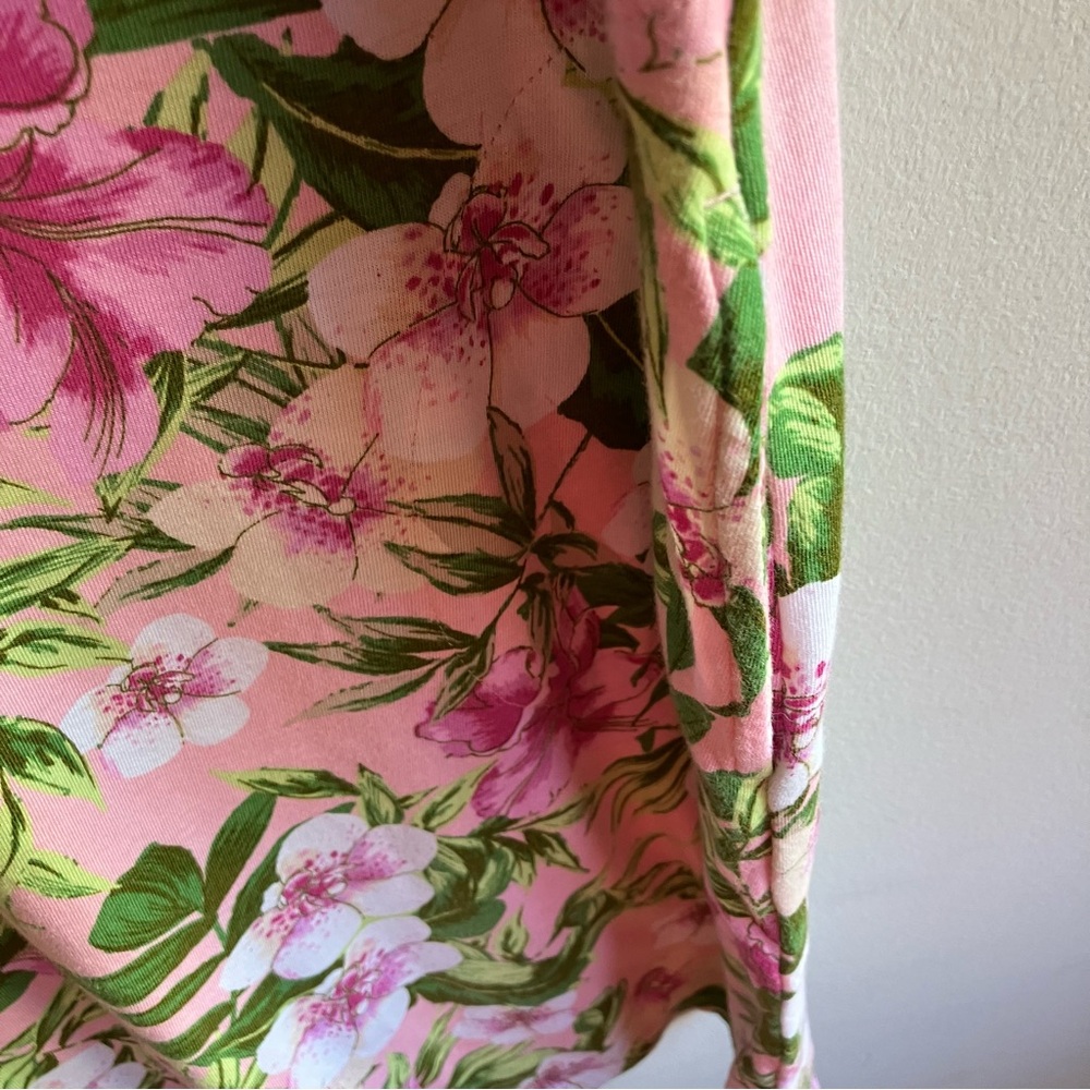 J. Jill Pink Green Floral Print Dress Size L Petite Pockets Short Sleeves Cotton - Picture 4 of 10